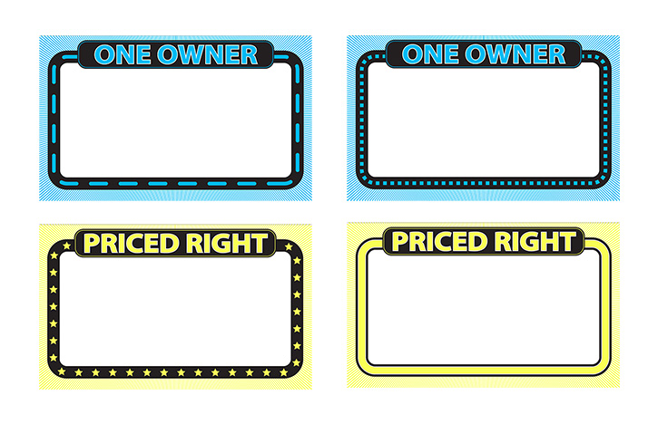 Collage of used car sale signs that are included in the offer.